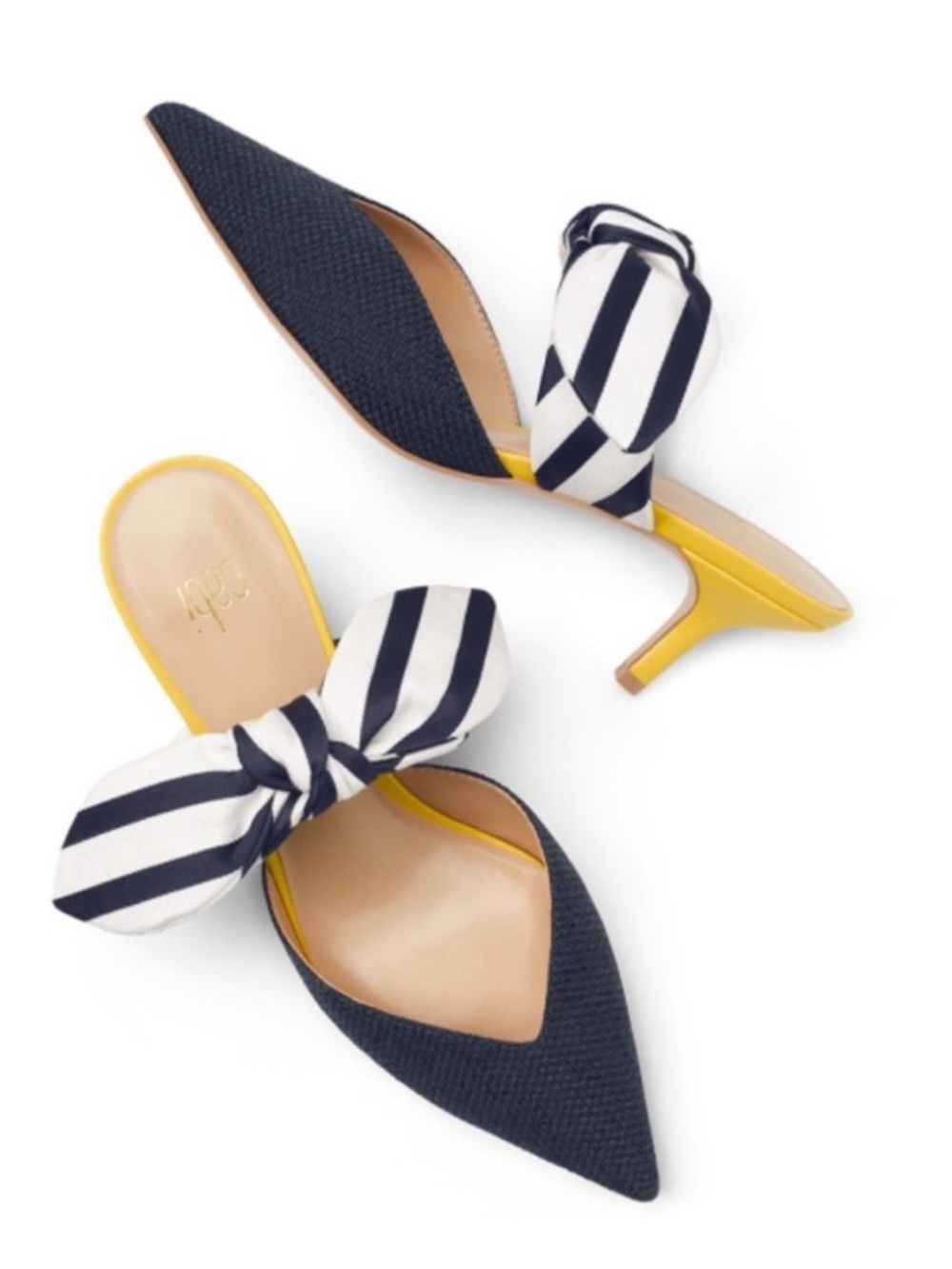 CAbi Black Pointed-Toe Mules with Striped Bow and Gold Heel